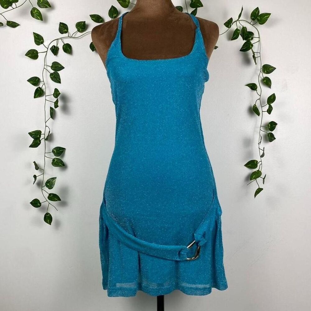 Princess Polly blue mini dress chunky metal belt halter top tie bodycon sparkle